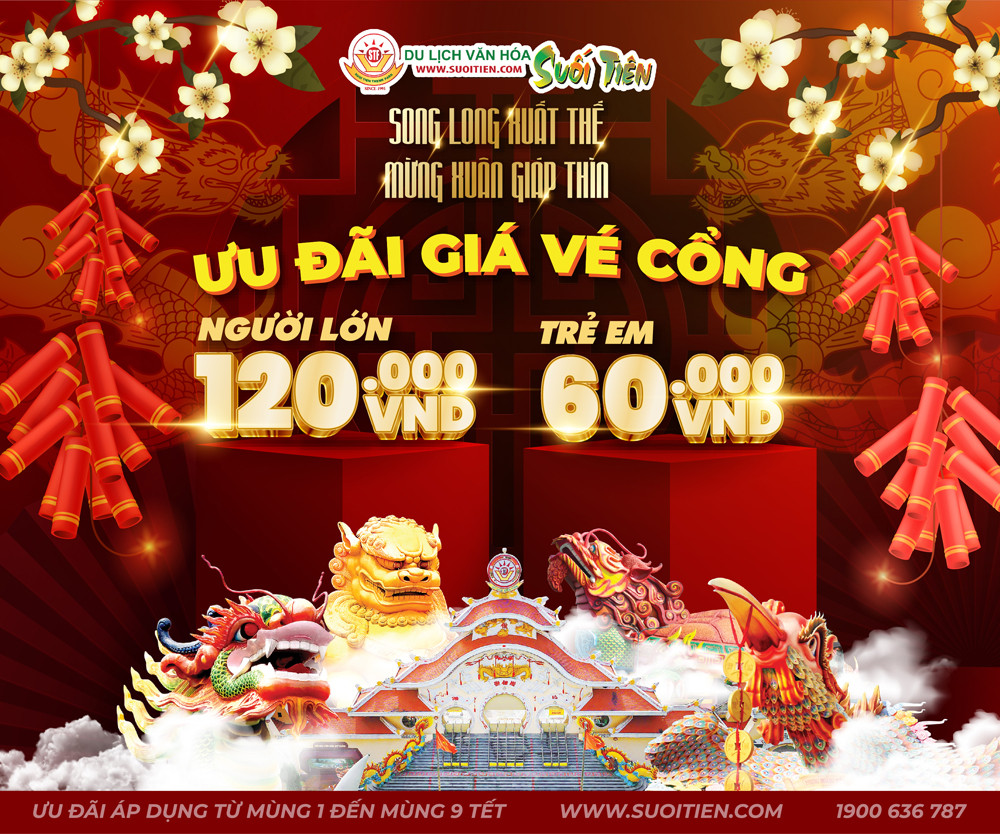 Từ Mùng 1 đến hết Mùng 9 Tết, Suối Tiên ưu đãi 20% giá vé vào cổng - Người lớn chỉ còn 120 ngàn đồng và trẻ em chỉ 60 ngàn đồng.