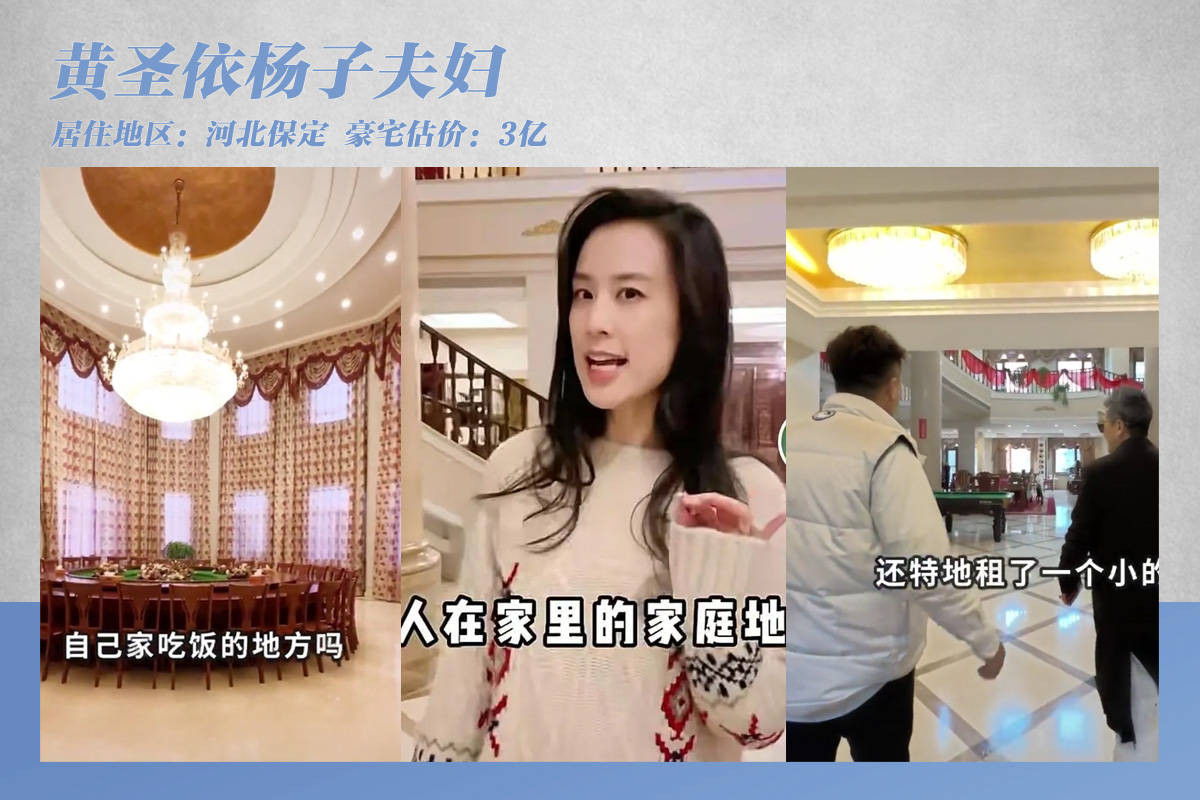 Vợ chồng Huỳnh Thánh Y - Dương Tử sở hữu biệt thự trị giá 300 triệu NDT (hơn 43 triệu USD). Dương Tử từng là nhà sản xuất phim, kinh doanh có tiếng, với khối tài sản hàng tỷ NDT. Hiện tại, hai vợ chồng tham gia sàn thương mại điện tử, livestream giới thiệu sản phẩm. Trước đó, trong show giải trí, Huỳnh Thánh Y giới thiệu với khán giả một góc biệt thự rộng lớn của cô. Nữ diễn viên Tuyệt đỉnh Kungfu chia sẻ vì chiều cháu, bà nội còn xây cả một khu vui chơi trong nhà.