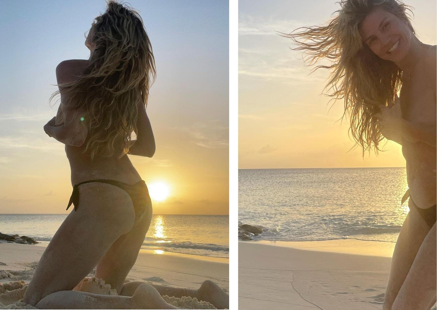 Không chỉ trong không gian khách sạn riêng tư, nữ giám khảo &quot;America&apos;s Got Talent&quot; không ngại phô bày thân hình cao 1m76 trên bãi biển, tạo ra khung cảnh hoàng hôn tuyệt đẹp.