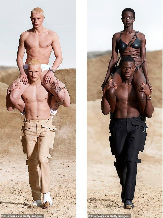 Ngoài &quot;chân dài triệu đô&quot;, một số người mẫu nam và nữ khác cũng được đồng nghiệp cõng cổ trong trạng thái &quot;thiếu vải&quot;.