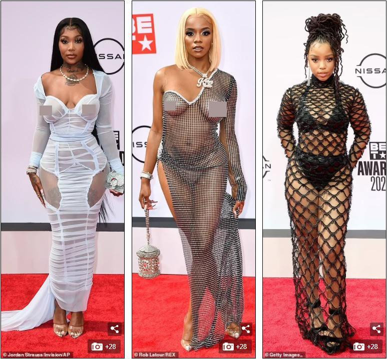 Summer Walker và Kayykilo diện đầm xuyên thấu còn "thả rông" như không mặc trên thảm đỏ. Chloe Bailey cũng mặc váy lưới kiểu cho có, nhưng vẫn chọn nội y kín đáo.