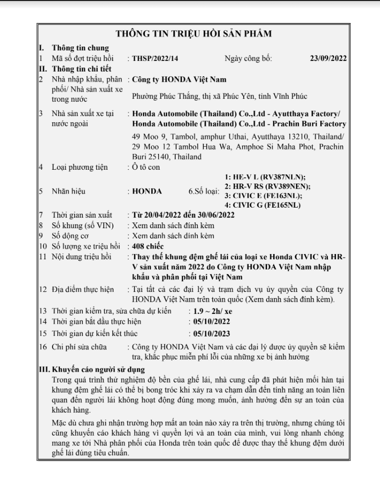 Thông tin triệu hồi được đăng tải trên website của Cục Đăng kiểm Việt Nam. Thông tin triệu hồi được đăng tải trên website của Cục Đăng kiểm Việt Nam.