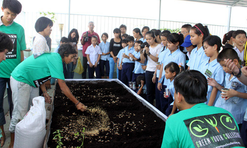 Nhóm Green Youth Collective thử nghiệm “Làm vườn đô thị” tại Trường tình thương Ánh Linh (Q.7) - Ảnh: Nguyễn Như