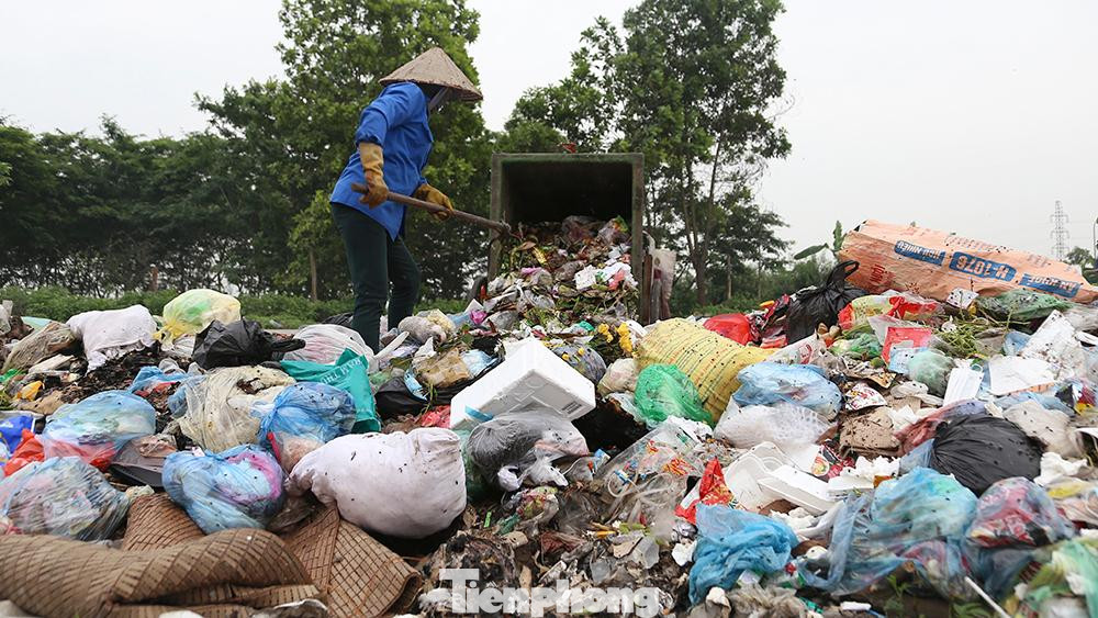 Công nhân môi trường cũng phải cào rác ra ngoài đường vì phía bên trong đã hết chỗ.