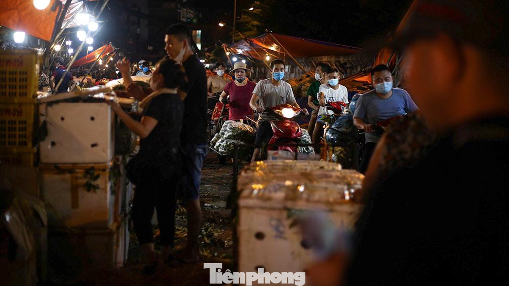 Khoảng thời gian từ 12 giờ đêm tới 1 giờ sáng là lúc nhộn nhịp nhất. Khắp chợ là hàng trăm thùng hoa quả được xếp chồng chất.