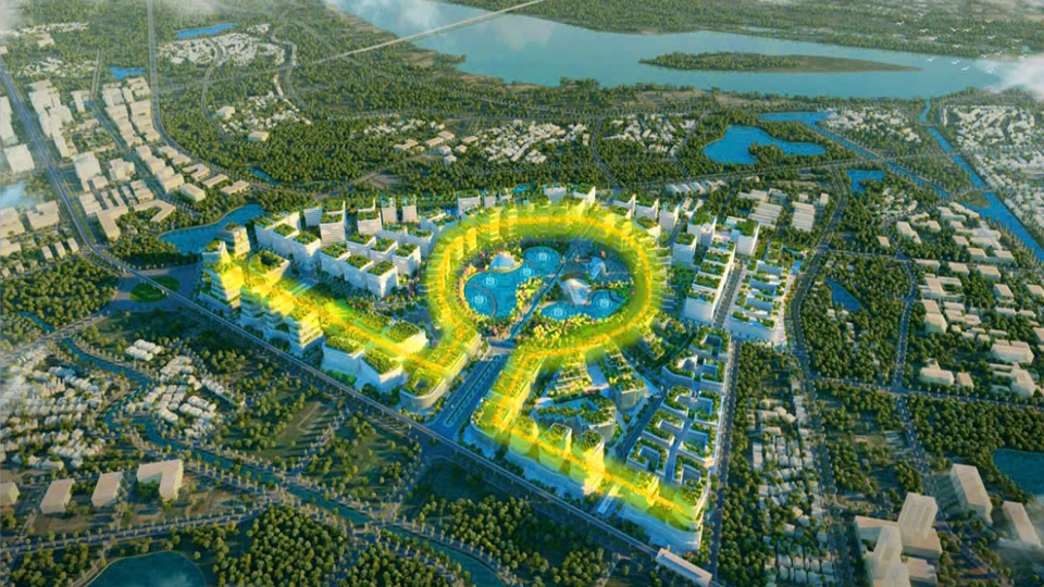 Dự kiến, tổng mức đầu tư dự án trên 1 tỷ USD. Trong đó, 250 triệu USD dành cho hạ tầng kỹ thuật, công trình dịch vụ, chung cư cao tầng, ký túc xá; 800 triệu USD cho đầu tư phòng thí nghiệm, trung tâm, viện nghiên cứu, trường đại học. Trong ảnh: Phối cảnh 3D dự án KCNC sinh học Hà Nội.