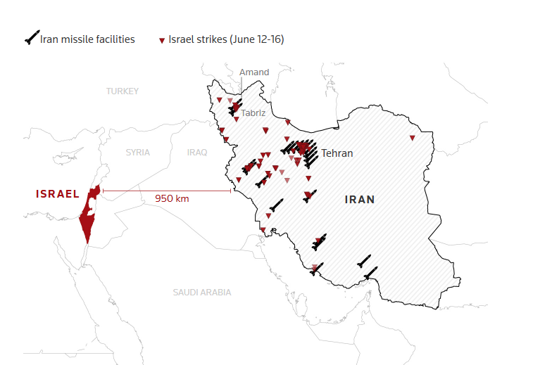 Đồ họa kho tên lửa Iran bị Israel tấn công (từ ngày 13-16/6). Ảnh: Reuters
