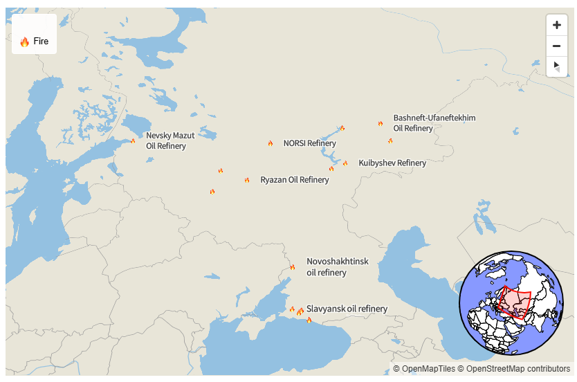 Bản đồ minh họa số lượng và địa điểm của các vụ tấn công kho dầu ở Nga. Nguồn: Newsweek Bản đồ minh họa số lượng và địa điểm của các vụ tấn công kho dầu ở Nga. Nguồn: Newsweek