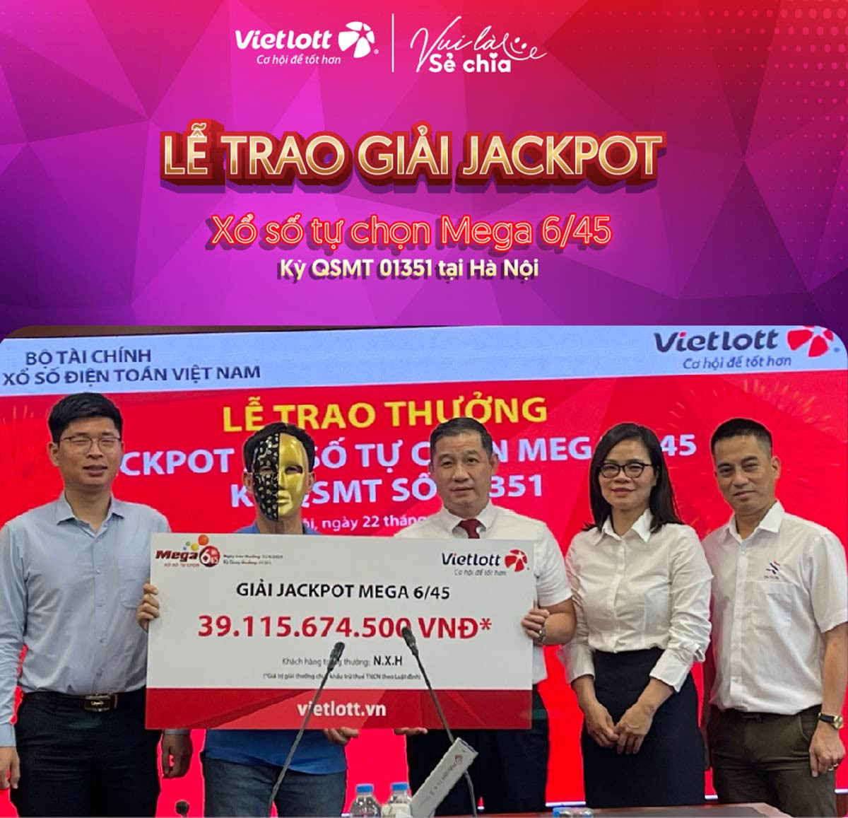 Vietlott trao giải độc đắc cho ông N.X.H. Ảnh: Vietlott Vietlott trao giải độc đắc cho ông N.X.H. Ảnh: Vietlott