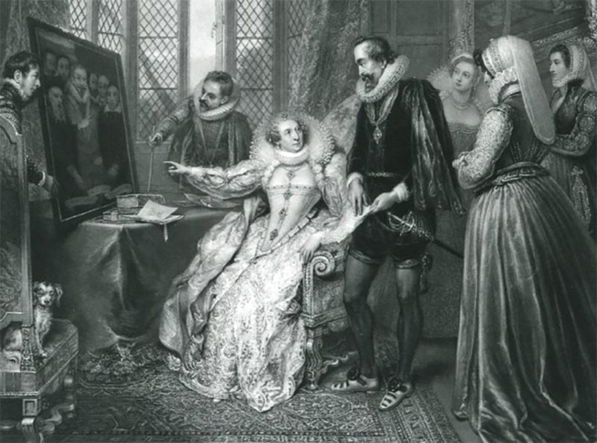 Tranh vẽ miêu tả việc Francis Walsingham báo cáo về âm mưu ám sát của Anthony Babington tới Nữ hoàng Elizabeth I. Ảnh: Atlaso Obscura Tranh vẽ miêu tả việc Francis Walsingham báo cáo về âm mưu ám sát của Anthony Babington tới Nữ hoàng Elizabeth I. Ảnh: Atlaso Obscura