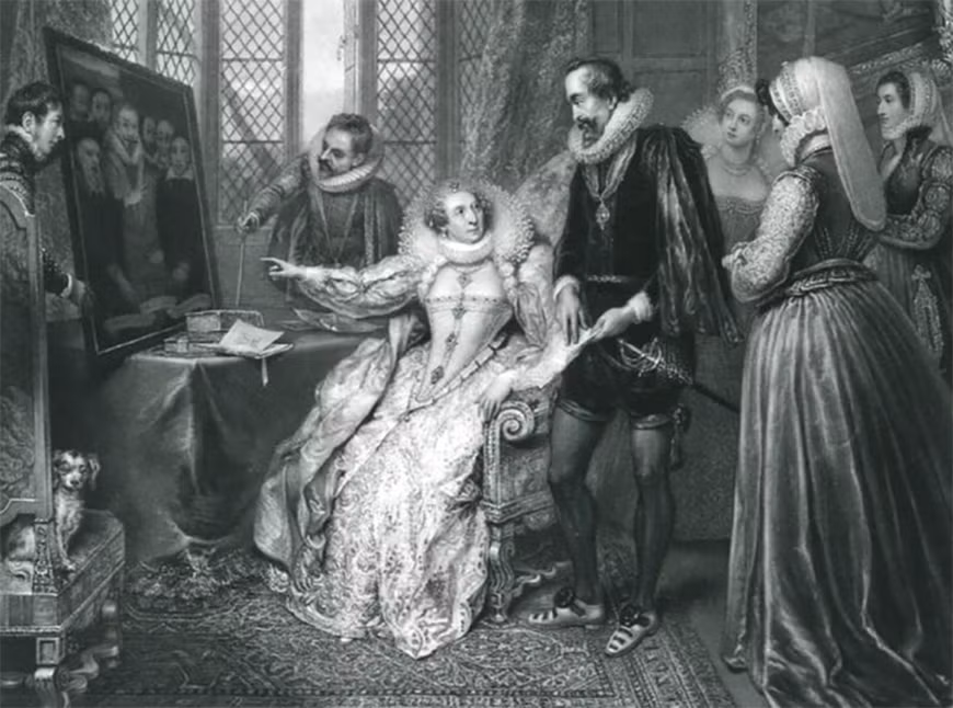 Tranh vẽ miêu tả việc Francis Walsingham báo cáo về âm mưu ám sát của Anthony Babington tới Nữ hoàng Elizabeth I. Ảnh: Atlaso Obscura Tranh vẽ miêu tả việc Francis Walsingham báo cáo về âm mưu ám sát của Anthony Babington tới Nữ hoàng Elizabeth I. Ảnh: Atlaso Obscura