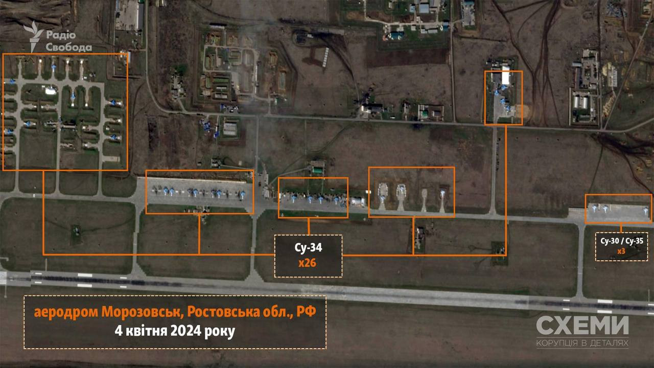 Hình ảnh vệ tinh tiết lộ số lượng máy bay tại sân bay quân sự Morozovsk, Yeisk và Engels hôm 4/4, trước khi diễn ra cuộc tấn công hôm 5/4.