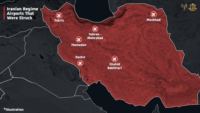 Israel tấn công 6 sân bay Iran. Nguồn: IDF