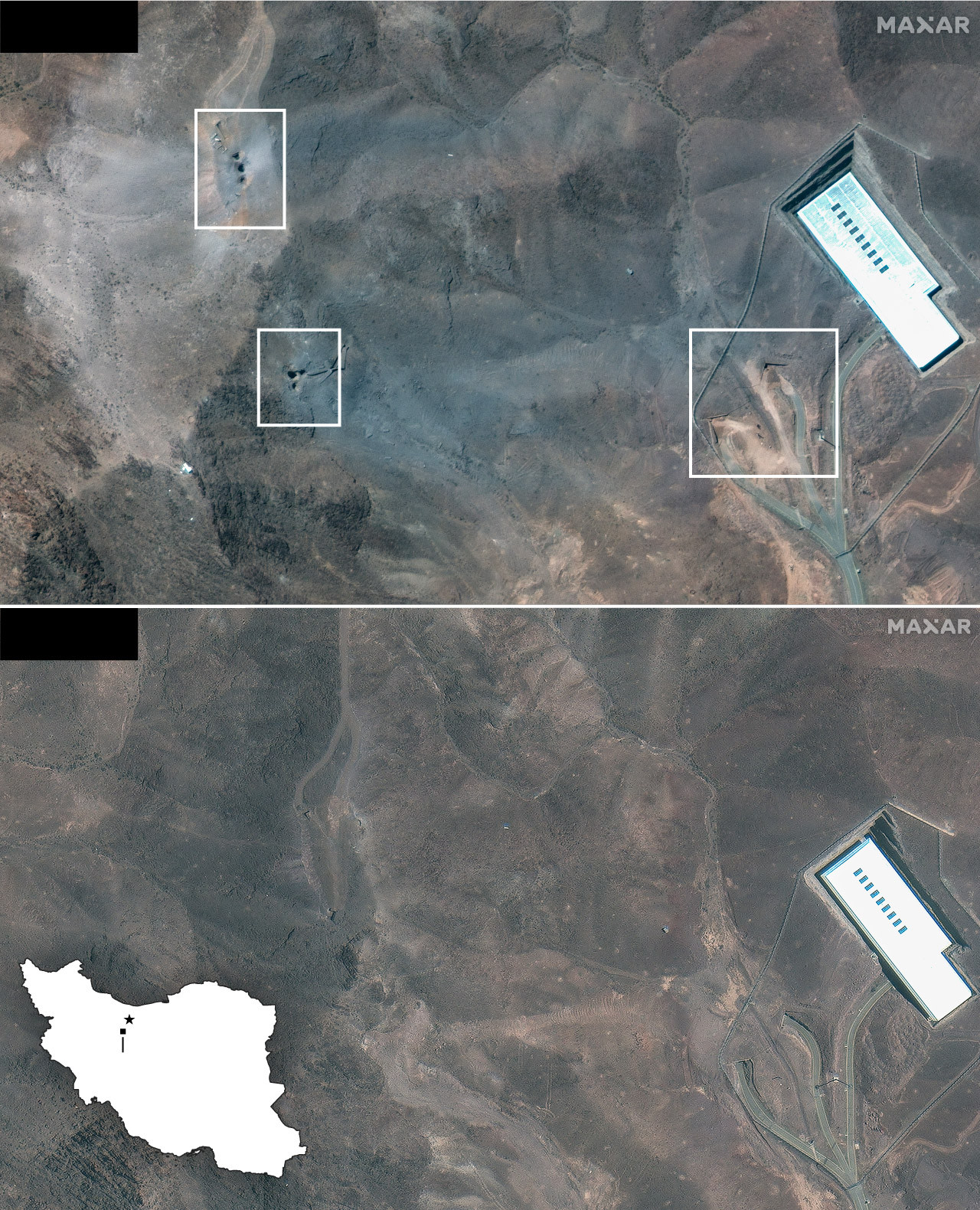 Ảnh vệ tinh tại căn cứ Fordow hôm 22/6 (ảnh trên) và hôm 19/6 (ảnh dưới). Ảnh vệ tinh tại căn cứ Fordow hôm 22/6 (ảnh trên) và hôm 19/6 (ảnh dưới).