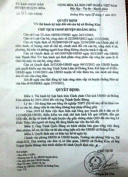 Quyết định cách chức chủ tịch UBND xã đối với ông Trịnh Quốc Hùng