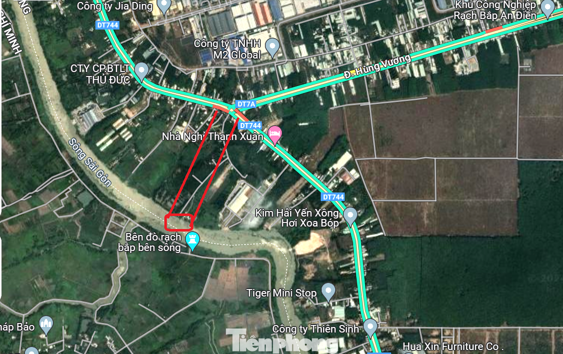 Vị trí dự kiến xây dựng cảng An Tây bên sông Sài Gòn ở Bình Dương Ảnh: chụp từ vệ tinh Vị trí dự kiến xây dựng cảng An Tây bên sông Sài Gòn ở Bình Dương Ảnh: chụp từ vệ tinh