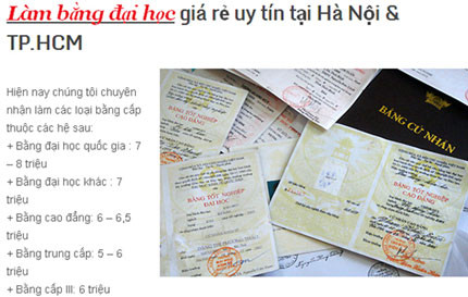 Các loại văn bằng, chứng chỉ giả được quảng cáo trên trang web