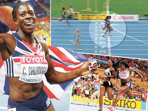 Chiến thắng kỳ tích của Ohuruogu (bên phải) tại giải VĐ thế giới. ảnh: AP. Chiến thắng kỳ tích của Ohuruogu (bên phải) tại giải VĐ thế giới. ảnh: AP