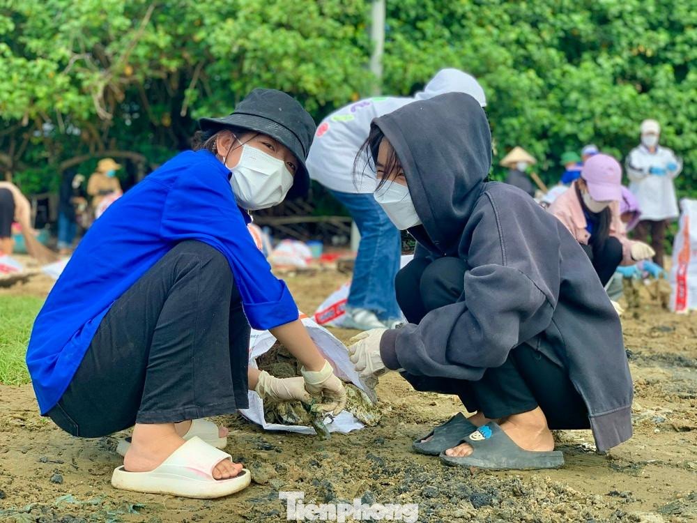 Rác thải nhựa, túi nilon nằm chôn vùi sâu trong lòng đất, khó phân hủy được các đoàn viên thanh niên kéo lên để thu gom xử lý.