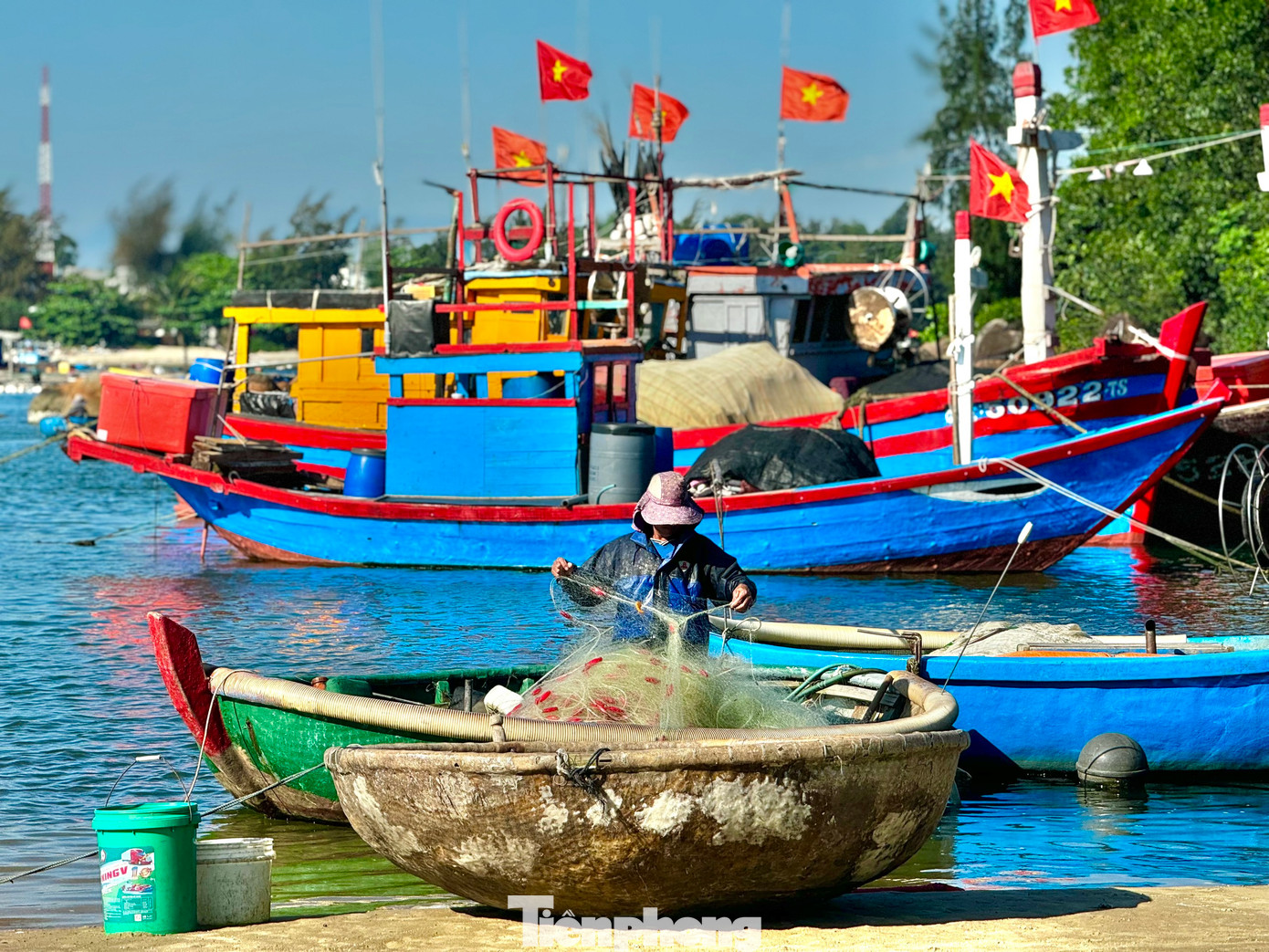 Ngư dân gỡ cá sau một đêm đánh bắt. Ảnh: Nguyễn Ngọc