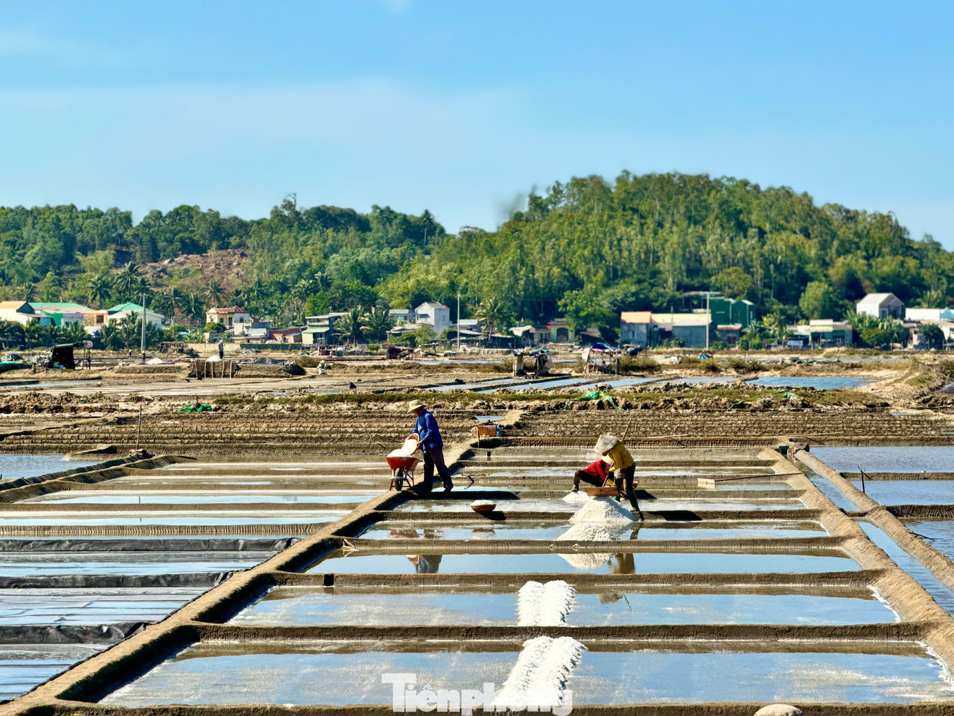 Để làm ra được một mẻ muối hoàn chỉnh phải trải qua nhiều công đoạn, xen lẫn mồ hôi, nước mắt của diêm dân đổ xuống cánh đồng. Ảnh: Nguyễn Ngọc.