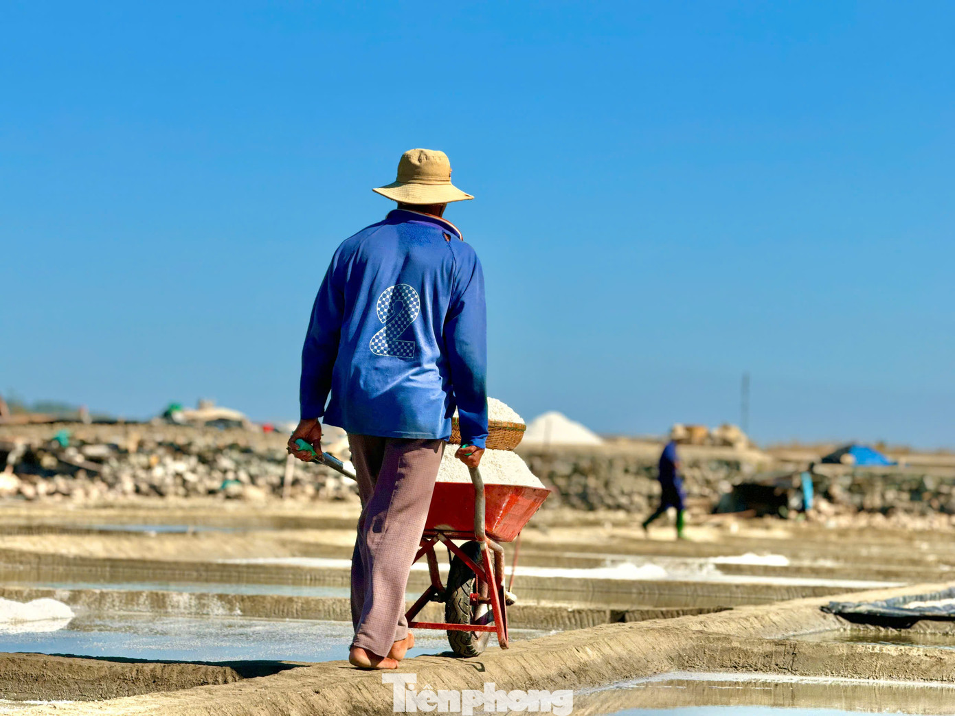 Dù giá muối không ổn định, nhưng diêm dân vẫn cần mẫn làm việc vì ngoài việc mưu sinh, họ vẫn muốn giữ nghề cha ông để lại. Ảnh: Nguyễn Ngọc.