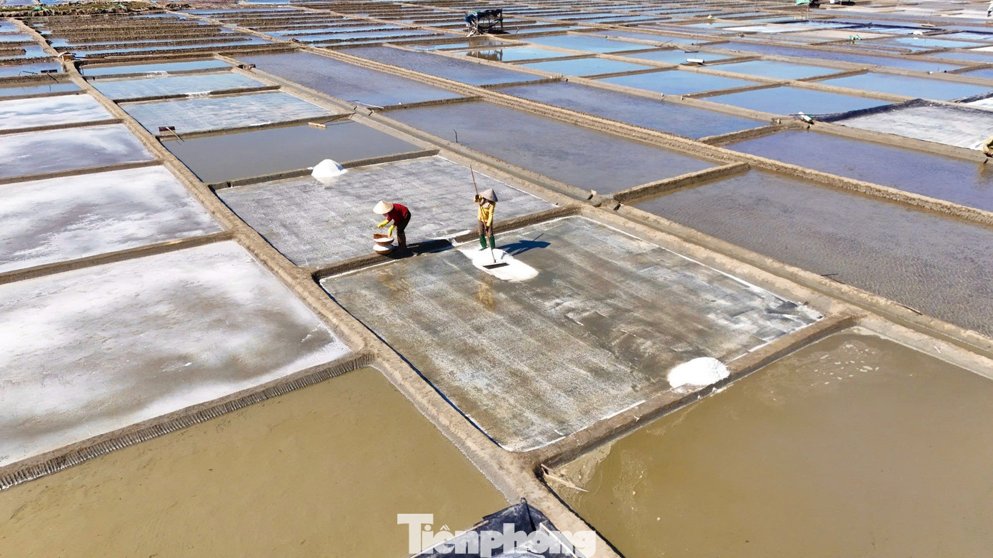 Dưới thời tiết nóng hầm hập như lửa đốt trong những ngày cuối tháng 4, trên cánh đồng muối Sa Huỳnh lấp ló những bóng người dân phơi mình giữa nắng để làm muối. Với diêm dân, mưu sinh dưới cái nắng gay gắt vất vả lại là chuyện bà con mong đợi, vì nắng như đổ lửa là điều kiện thuận lợi để hạt muối nhanh kết tinh. Ảnh: Nguyễn Ngọc.