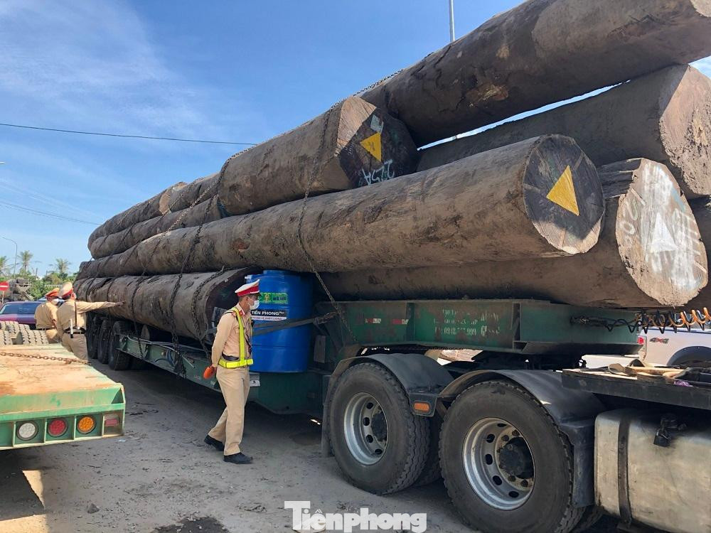 Lực lượng chức năng tiến hành kiểm tra khối lượng gỗ trên xe. Lực lượng chức năng tiến hành kiểm tra khối lượng gỗ trên xe.