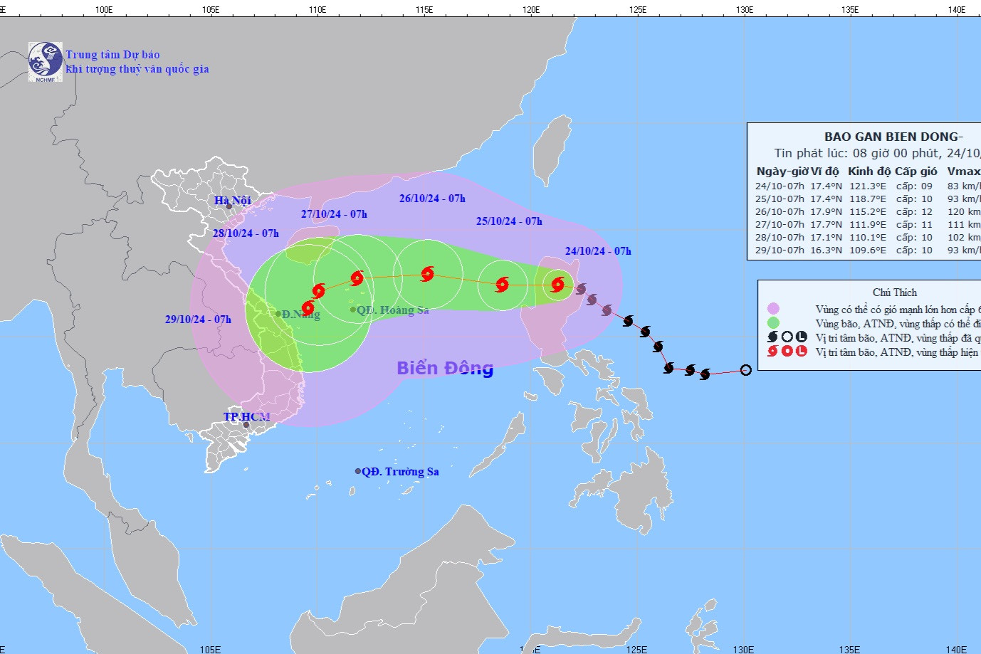 Theo dự báo, bão Trà Mi tiếp tục mạnh lên khi đổ bộ vào biển Đông. Ảnh: KTTVQG Theo dự báo, bão Trà Mi tiếp tục mạnh lên khi đổ bộ vào biển Đông. Ảnh: KTTVQG