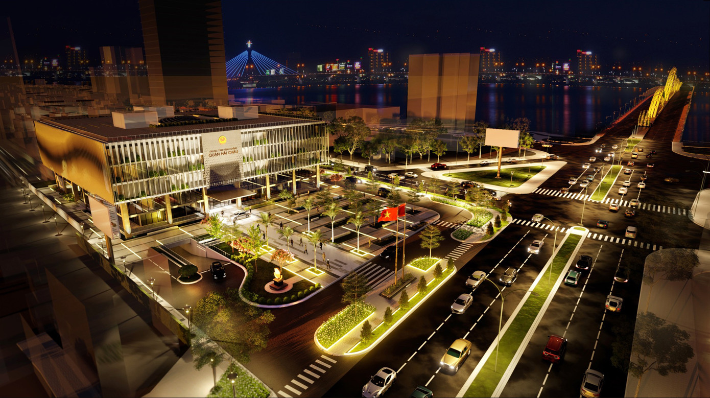 Phối cảnh thiết kế công trình dự án trung tâm hành chính quận Hải Châu. Dự kiến đây sẽ là nơi làm việc cho 458 người. Trong đó, khối quận ủy là 37 người, khối ủy ban là 291 người và khối mặt trận là 30 người.