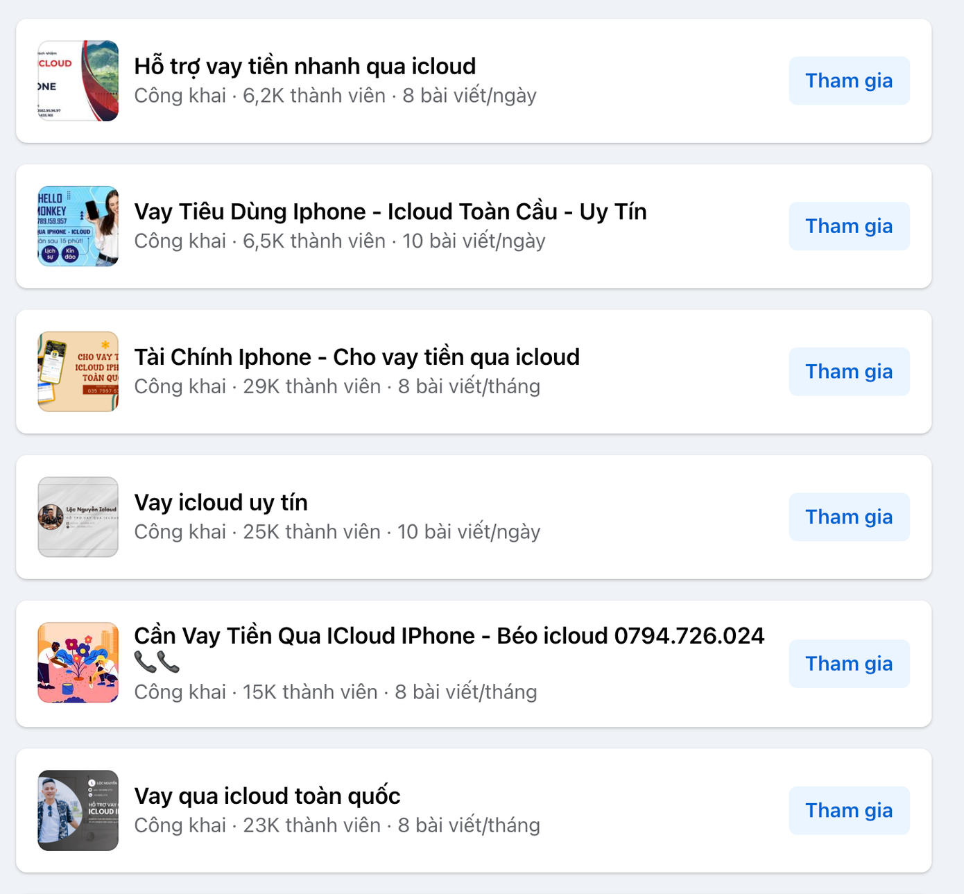 Các hội, nhóm cho vay iCloud trên mạng xã hội facebook. Các hội, nhóm cho vay iCloud trên mạng xã hội facebook.