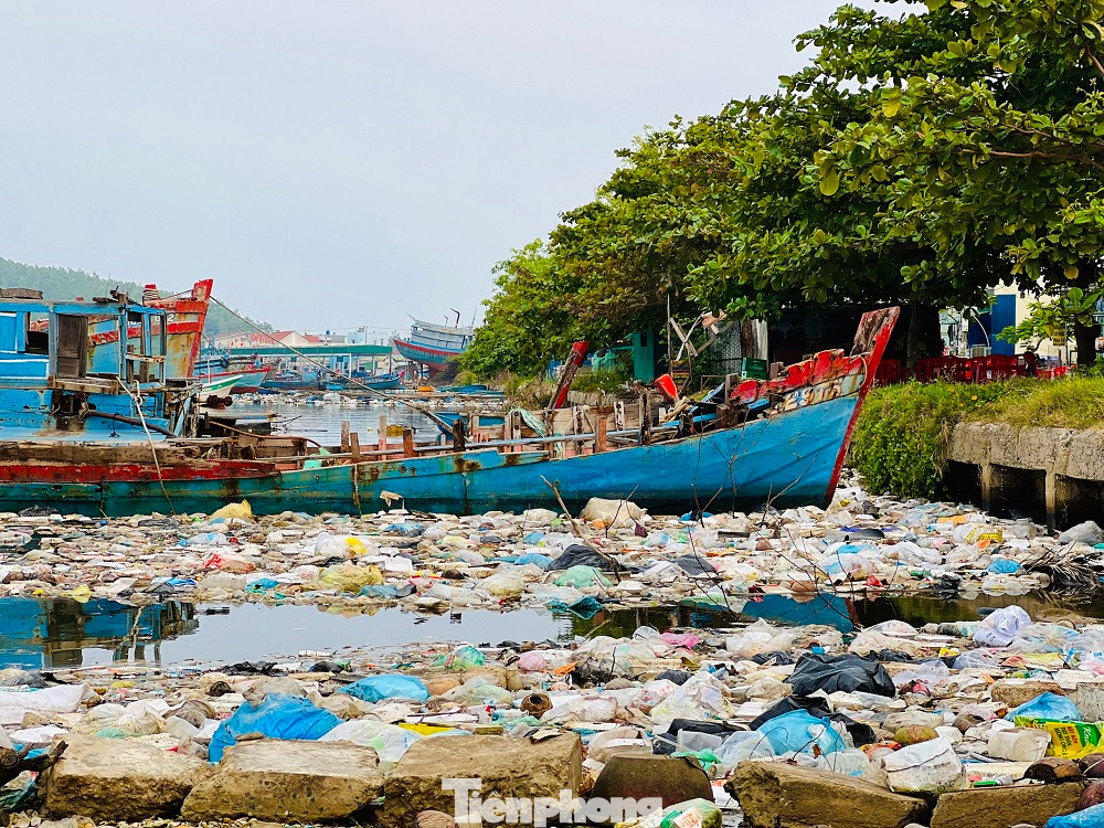 Xác của những con tàu, rác thải và cả nước thải từ cảng cá, nước thải sinh hoạt của người dân chưa qua xử lý, đã tạo nên những vùng nước đen ngòm, bốc mùi hôi thối nồng nặc, gây bức xúc cho người dân tại cảng cá (Ảnh: Nguyễn Ngọc)