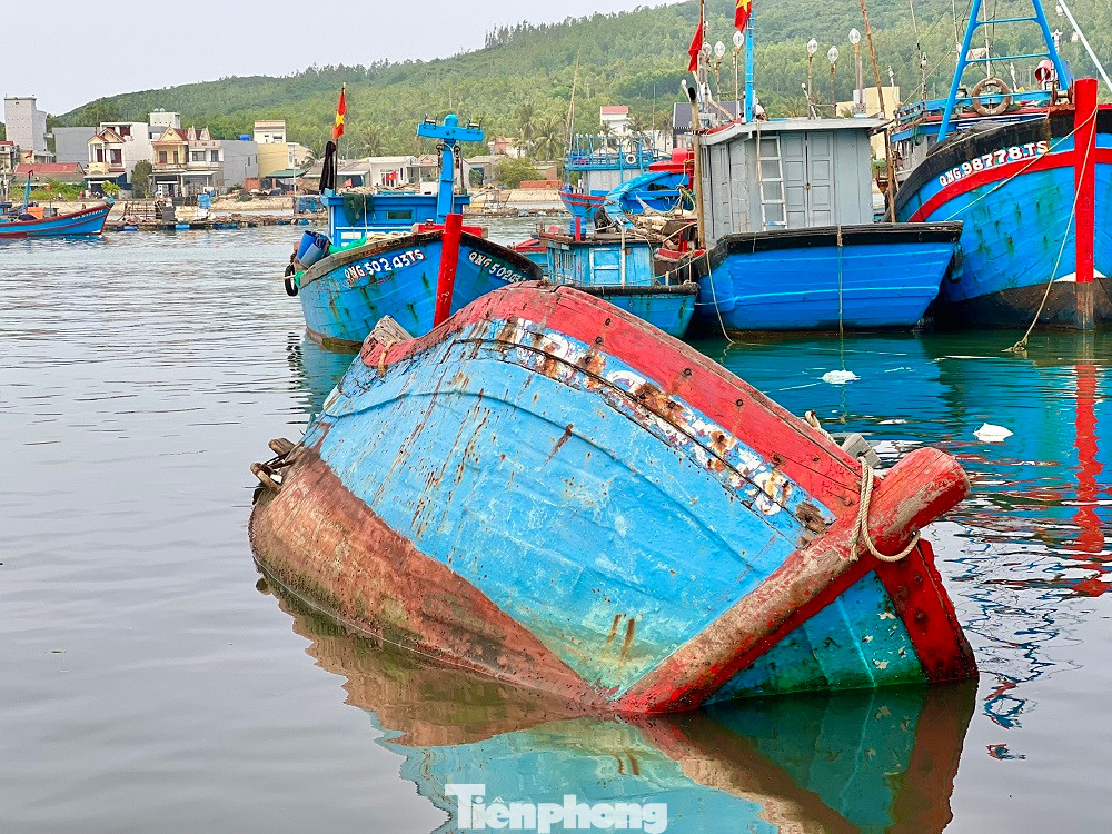 Chị Đoàn Thị Chung (trú phường Phổ Thạnh, thị xã Đức Phổ) cho hay, ngoài xác tàu và rác thải, quanh khu vực cảng cá Sa Huỳnh còn bị ô nhiễm bởi một số cơ sở thu mua và chế biến hải sản xả nước thải trực tiếp chưa qua xử lý. Những hôm trời nắng, nước ở khu vực này đen ngòm. Nhiều ngư dân bị nổi ngứa sau khi lặn xuống nước để kiểm tra thân tàu hoặc kéo tàu lên bờ để sửa. (Ảnh: Nguyễn Ngọc)