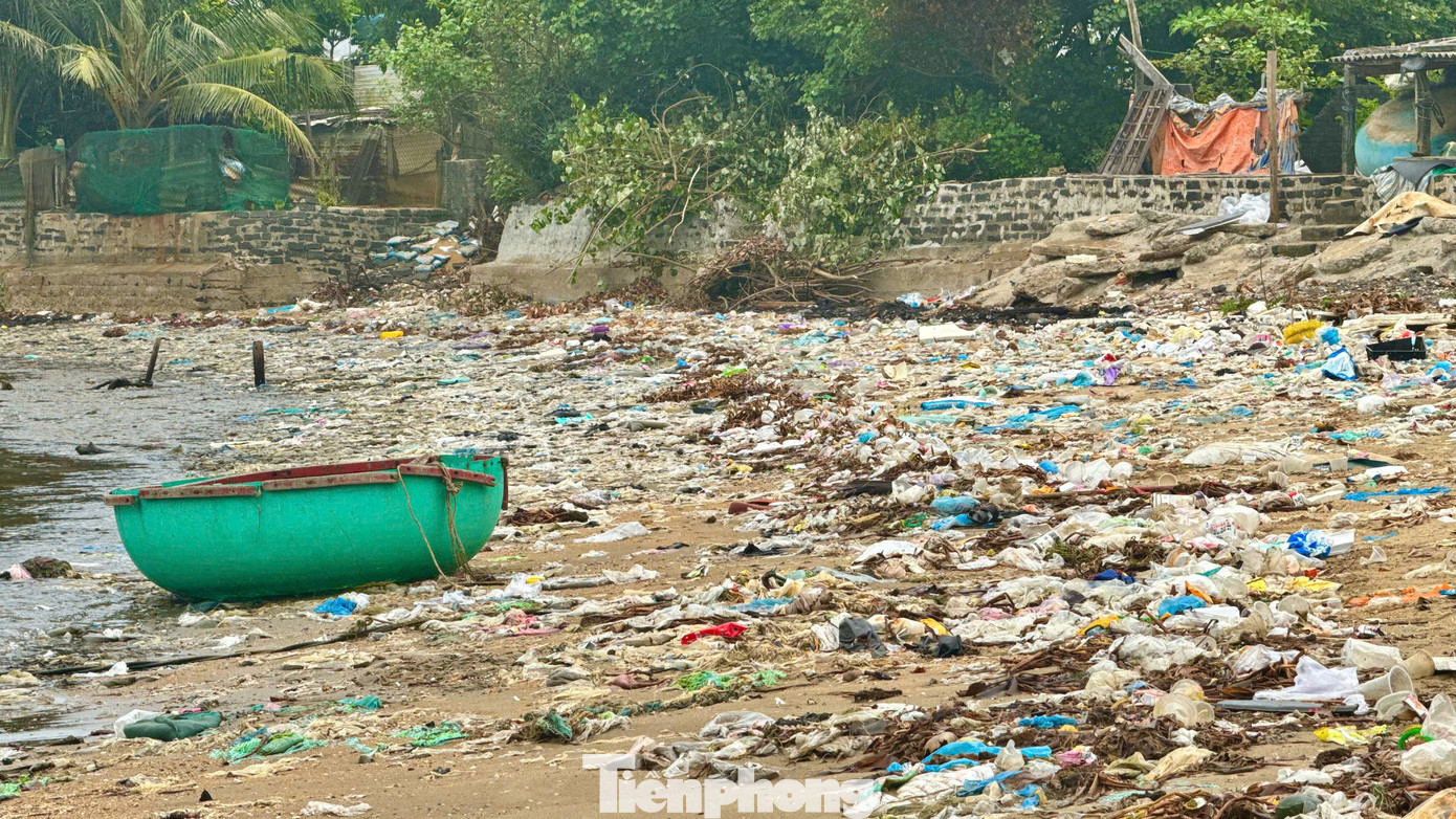 Theo ghi nhận của PV vào sáng 10/6, đoạn bờ biển kéo dài khoảng 300m la liệt rác thải các loại, từ chai nhựa, túi nilon đến bèo, vật dụng sinh hoạt hư hỏng... phủ kín trên bãi cát, bốc mùi hôi thối khó chịu. Ảnh: Nguyễn Ngọc