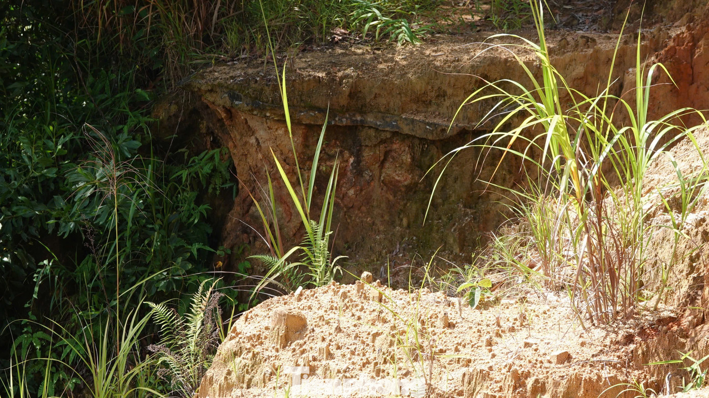 Nhiều đoạn ta luy trên núi bị gãy, vết sạt lở ăn sâu vào bên trong, có nguy cơ đổ sập xuống bất cứ lúc nào.