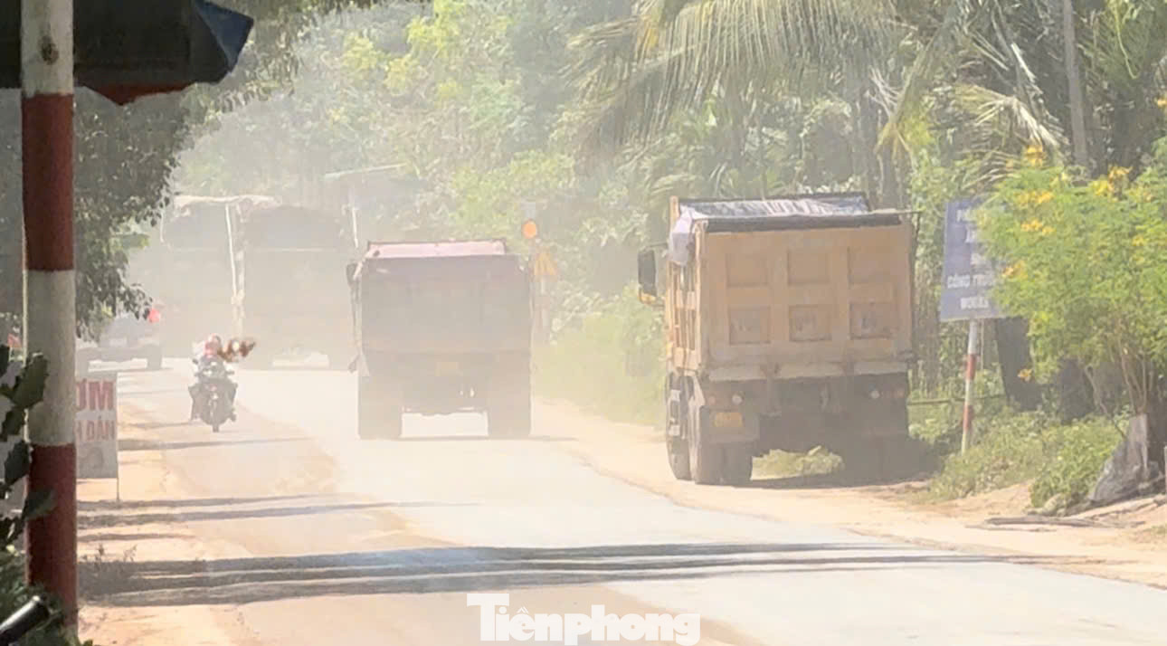 Các xe trọng tải lớn phục vụ dự án cao tốc Quảng Ngãi - Hoài Nhơn chạy với tần suất dày đặc khiến bụi bay mù mịt.