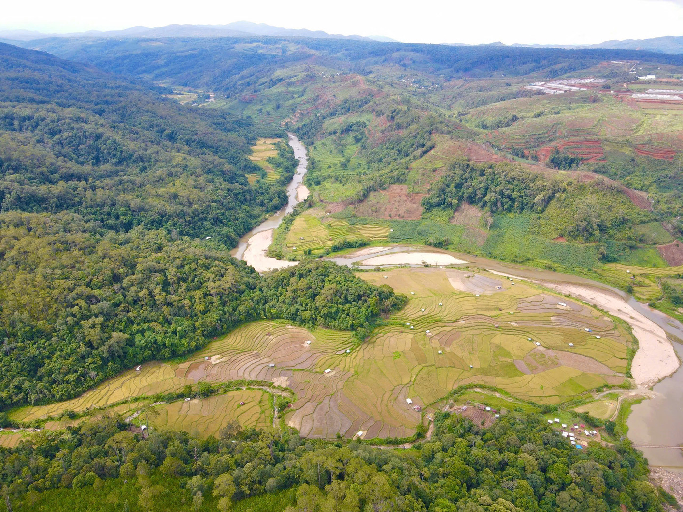 Nhìn từ đỉnh đồi Tiên Nhân xuống sông Đăk Bla, những thửa ruộng bậc thang vàng rực đẹp nên thơ.