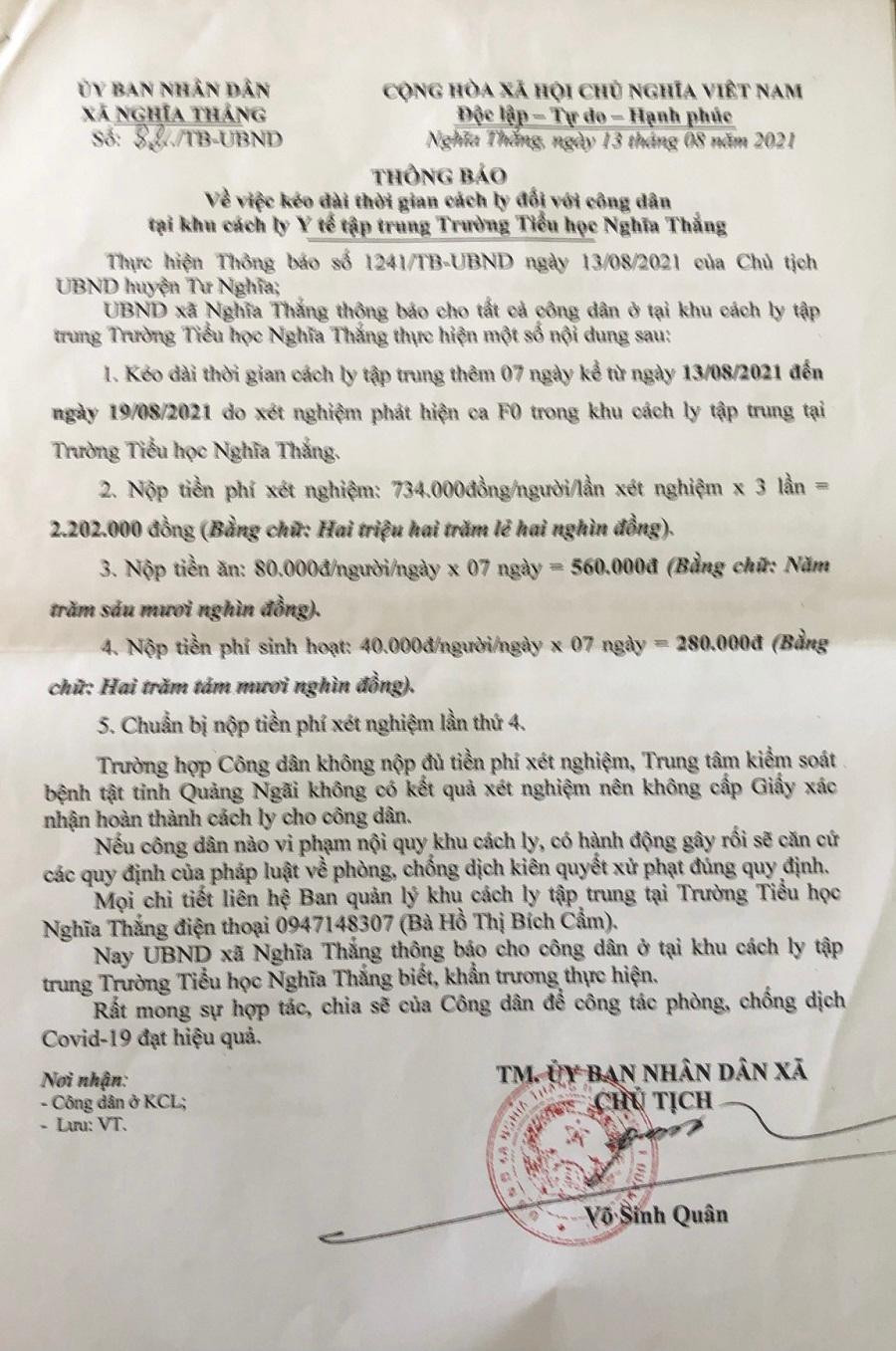 Số tiền mà chị L. buộc phải đóng trong thời gian cách ly tập trung Số tiền mà chị L. buộc phải đóng trong thời gian cách ly tập trung