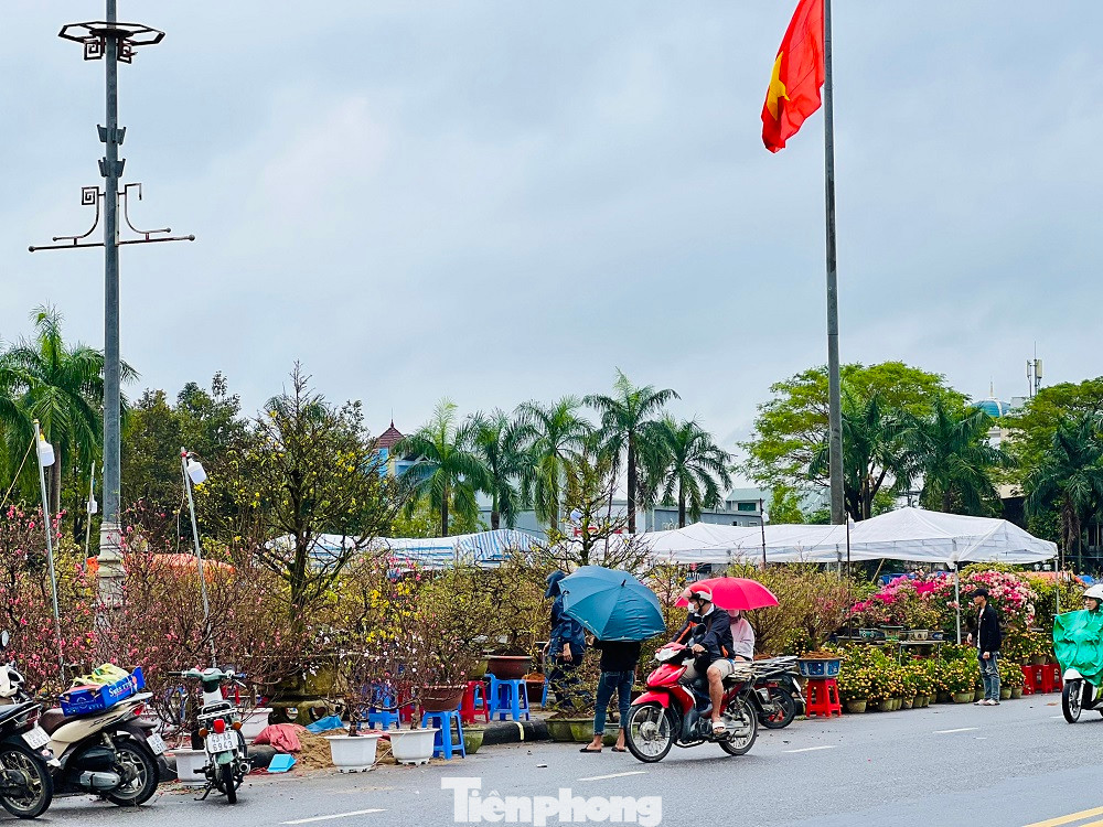 Sáng 18/1 (27 tháng Chạp), chợ hoa ở Quảng Ngãi chỉ có lác đác vài người mua. Tiểu thương co ro trong mưa lạnh.