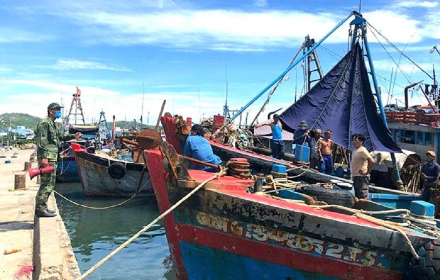 Lực lượng chức năng giám sát số tàu vào neo đậu tại cảng Sa Huỳnh (thị xã Đức Phổ)