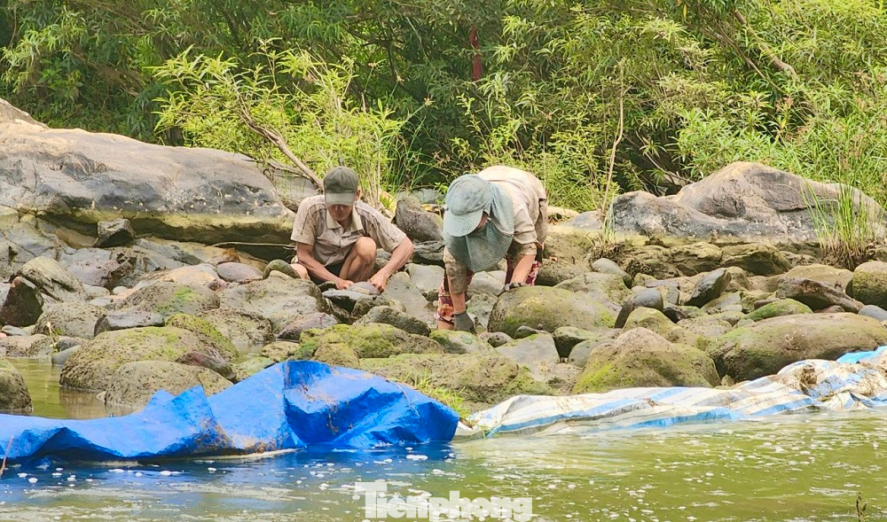 Anh Đinh Văn Tới (trú thôn Long Thượng, xã Long Mai) chia sẻ đặc trưng lòng sông có rất nhiều đá lớn, nhỏ. Thanh niên trong làng sẽ dùng chính đá ấy để đắp một đoạn bờ ở khu vực nước cạn dài khoảng trăm mét ngăn đôi dòng sông. “Khi ngăn xong rồi thì chặn một bên, dẫn dòng nước chảy sang một bên. Khi nước rút hết thì bà con cùng nhau bắt cá”, anh Tới nói. Ảnh: Nguyễn Ngọc.