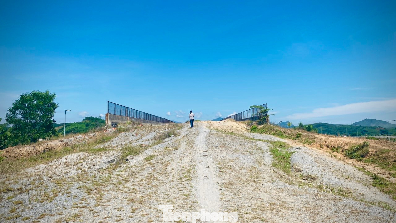 Theo ghi nhận của PV, tại nút giao thông này, đơn vị thi công mới hoàn thành mố trụ, bản mặt 3 cầu bắc ngang qua cao tốc, đường sắt Bắc - Nam và Quốc lộ 1A. Mặc dù đã hoàn thiện khối lượng lớn công việc trên tuyến nhưng nhà thầu đã bỏ dở, dừng thi công dự án suốt nhiều năm qua. Trong khi đó, các hạng mục còn lại của dự án như nhà điều hành, trạm thu phí, đường dẫn vẫn chưa biết ngày nào thi công trở lại. Ảnh: Nguyễn Ngọc.