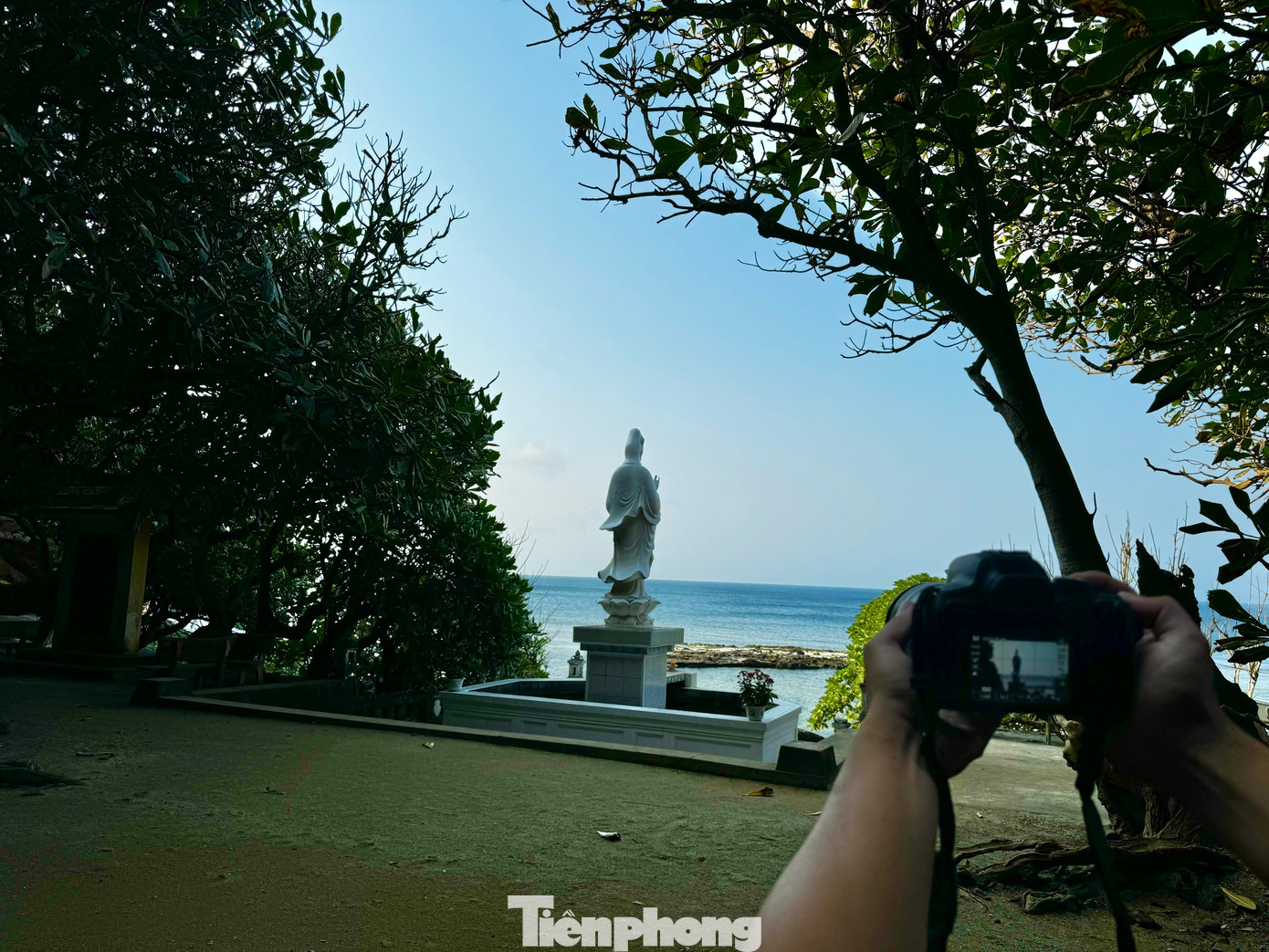 Khu vực trước chùa Hang là dãy bàng cổ thụ, tượng Phật bà Quan Âm hướng ra biển. Ảnh: Nguyễn Ngọc