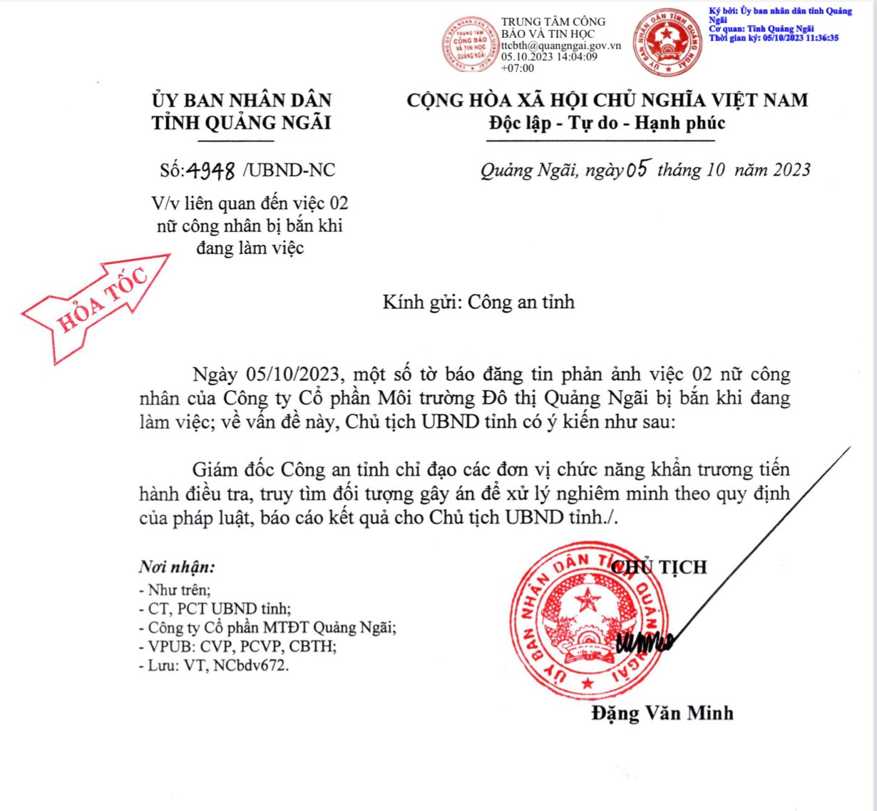 Văn bản chỉ đạo hỏa tốc của Chủ tịch UBND tỉnh Quảng Ngãi. Văn bản chỉ đạo hỏa tốc của Chủ tịch UBND tỉnh Quảng Ngãi.