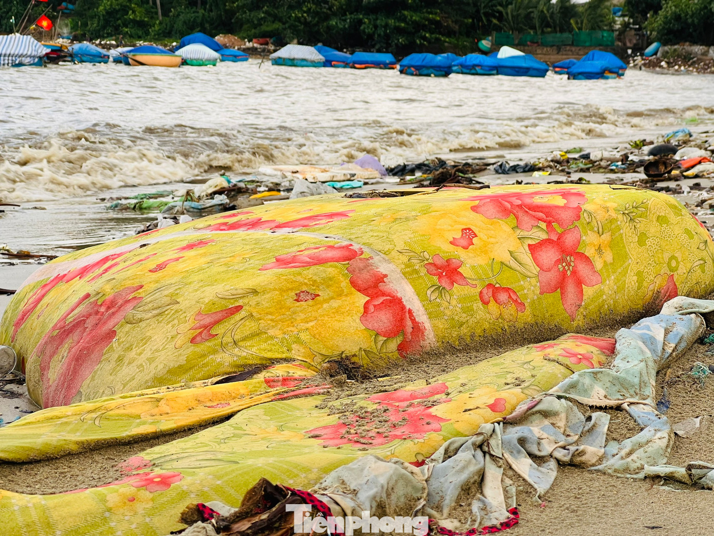 Ông Đặng Lự (trú thôn An Vĩnh) cho hay, hầu hết rác thải từ thượng nguồn theo các con sông trôi về biển rồi bị thủy triều đánh tấp vào bờ. (Ảnh: Nguyễn Ngọc)