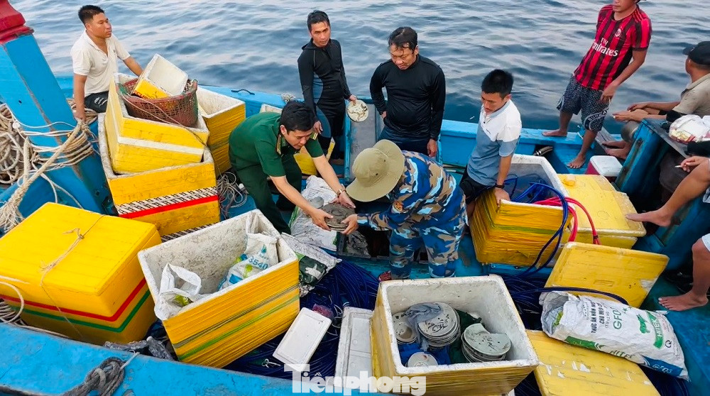 Lực lượng tuần tra phát hiện tàu cá BĐ 10546 TS cất giấu 33 đĩa gốm sứ, 7 tô (bát) trong các khoang tàu. Lực lượng tuần tra phát hiện tàu cá BĐ 10546 TS cất giấu 33 đĩa gốm sứ, 7 tô (bát) trong các khoang tàu.