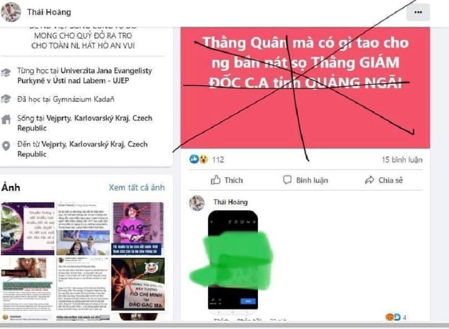 Trần Quang Thái đã dùng tài khoản Facebook đăng tải nội dung đe dọa, khủng bố lực lượng công an và dọa bắn Giám đốc Công an tỉnh Quảng Ngãi.