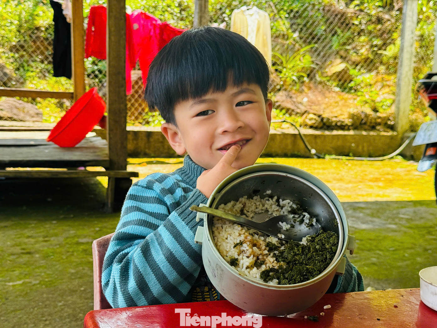 Bữa cơm của các cháu ở điểm mầm non Tổ 7 thôn Quế chỉ với vài miếng rau rừng... Ảnh: Nguyễn Ngọc Bữa cơm của các cháu ở điểm mầm non Tổ 7 thôn Quế chỉ với vài miếng rau rừng... Ảnh: Nguyễn Ngọc