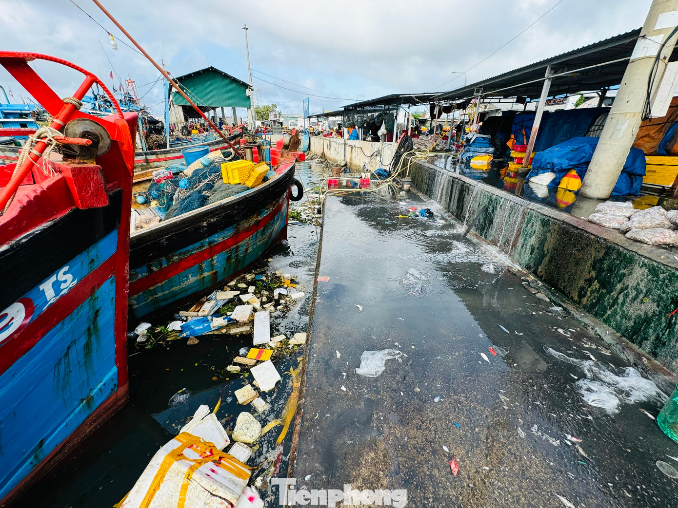 Nước thải từ việc bốc dỡ hải sản không qua xử lý được xả thải trực tiếp ra môi trường.
