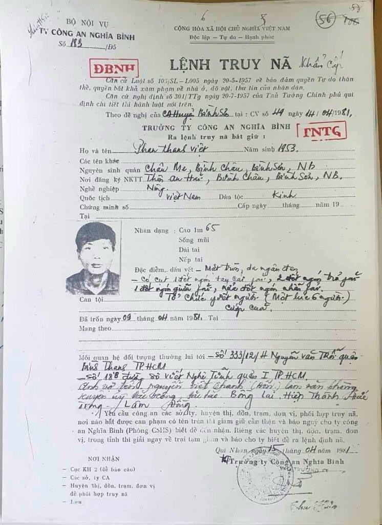 Lệnh truy nã được phát đi thời điểm Phan Thanh Việt lẩn trốn. Ảnh: CACC